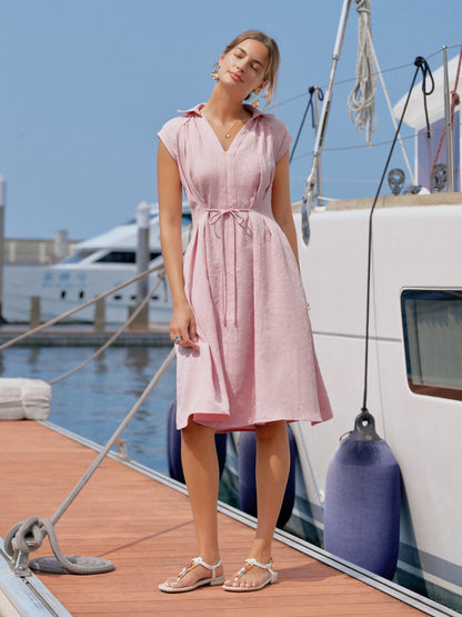 Viscose-Linen Collared V-neck Midi Dress with Drawstring