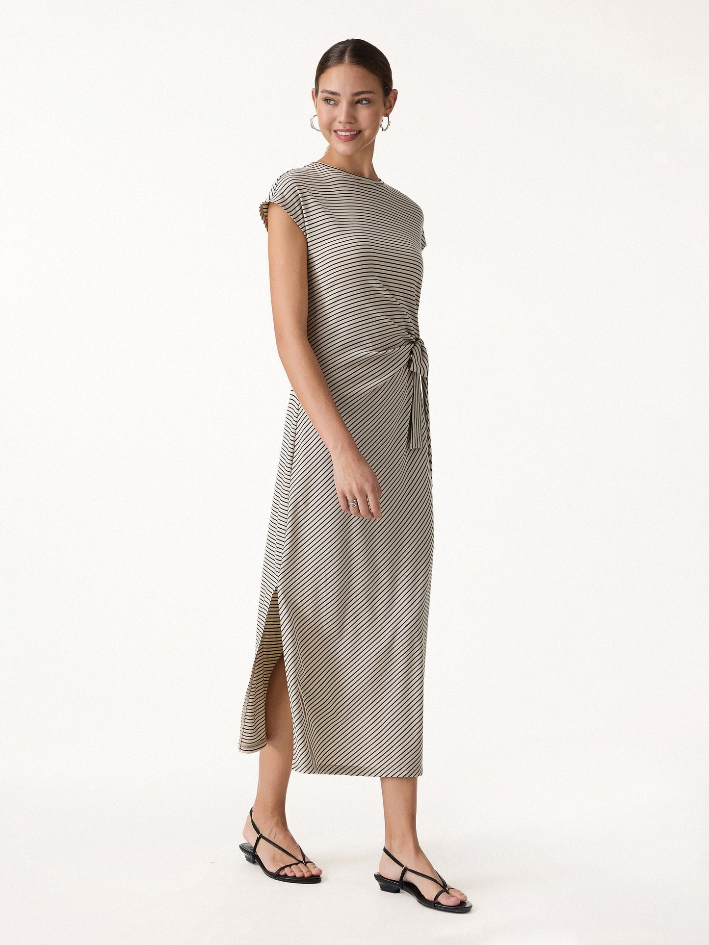 Striped Relaxed Midi Dress with Self-Tie