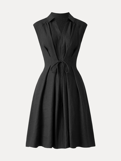Viscose-Linen Collared V-neck Midi Dress with Drawstring