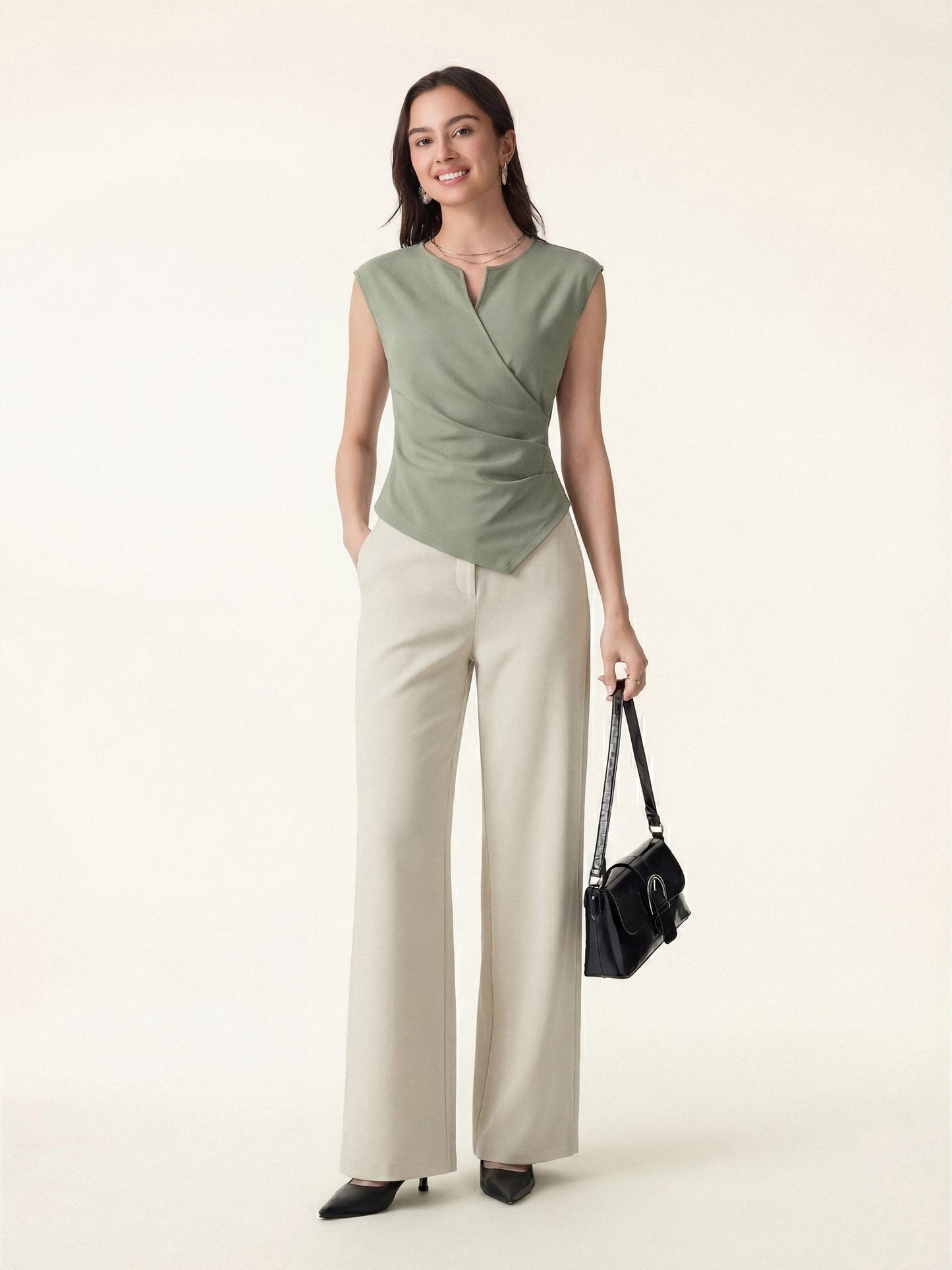 2Pcs Set Tucked Angled Tank & Mid Rise Wide Leg Trousers
