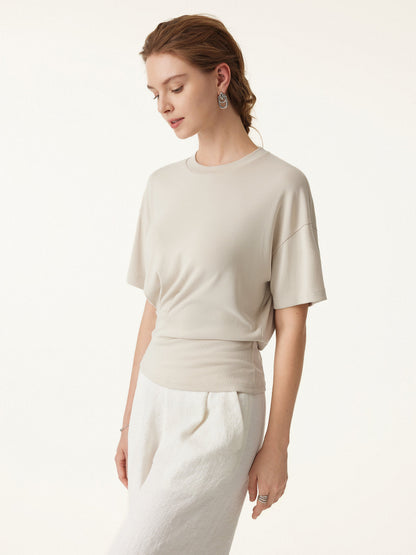 2Pcs Set Crewneck Short Sleeve Tee & Mid Rise Pleated Wide Leg Pant with Pockets
