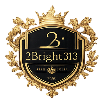 Three variations of the 2Bright313 logo displayed on a plain white background, including a standard text logo, a stylized 23 emblem, and a gold and black crest-style badge.