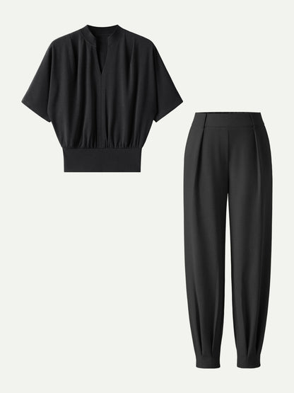2Pcs Set Stand Collar V-Neck Top & Wrinkle-Resistant Tapered Pant
