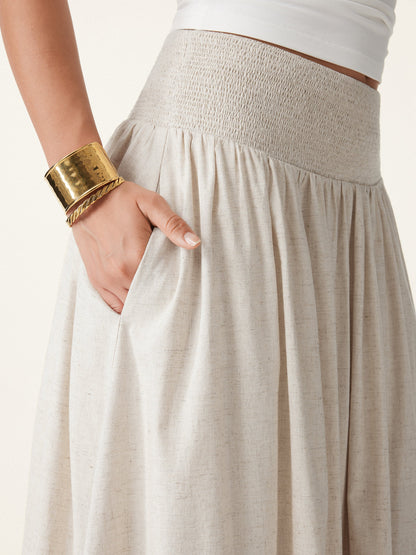 European Linen Smocked Waist Skirt with Pockets