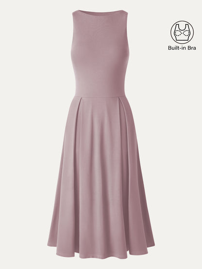Boatneck Pleated Fit-and-Flare Midi Bra Dress with Pockets