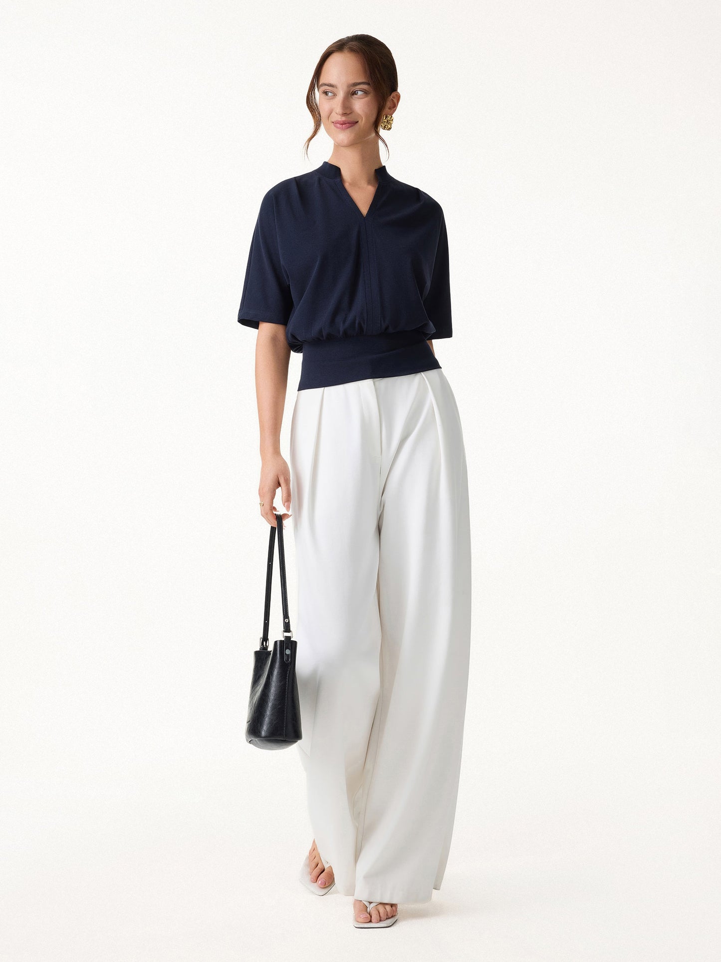 2Pcs Set Stand Collar V-Neck Top & Wrinkle-Resistant Tapered Pant