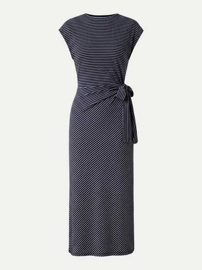 Striped Relaxed Midi Dress with Self-Tie