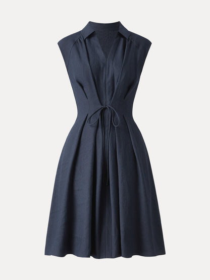 Viscose-Linen Collared V-neck Midi Dress with Drawstring