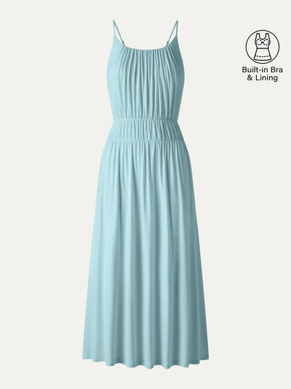 Vacay Gathered U-Neck Spaghetti Midi Bra Dress with Pockets