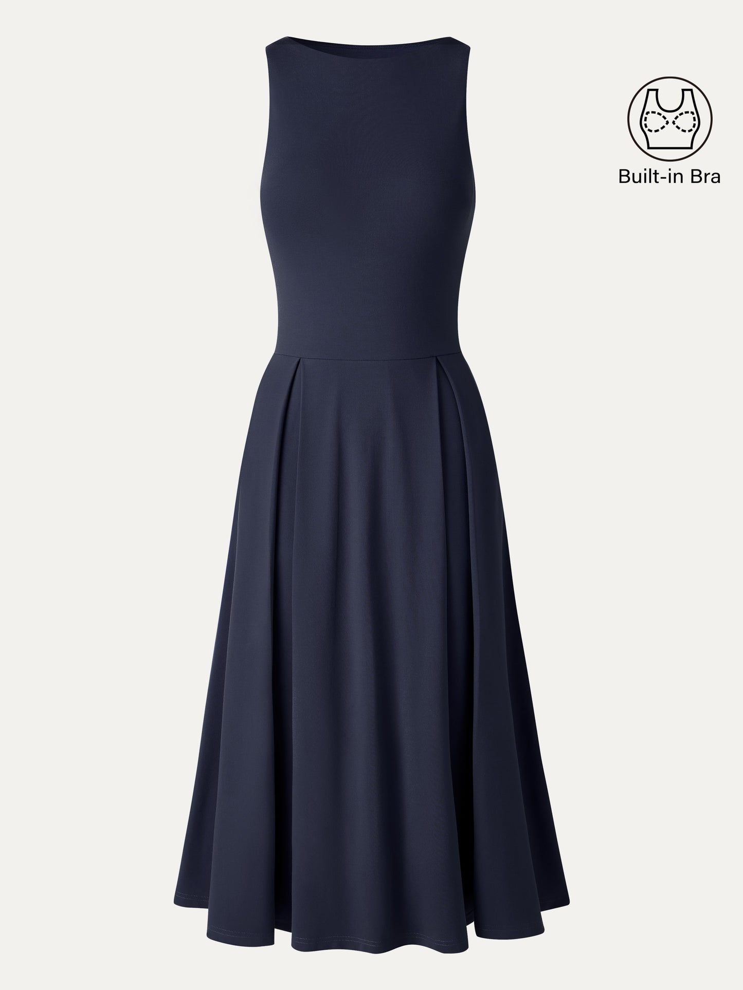Boatneck Pleated Fit-and-Flare Midi Bra Dress with Pockets