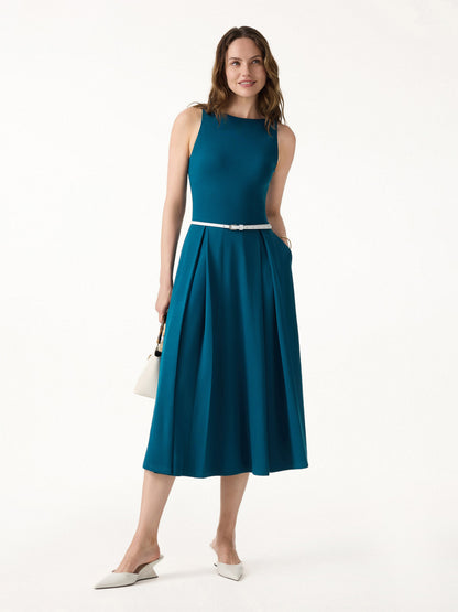Boatneck Pleated Fit-and-Flare Midi Bra Dress with Pockets