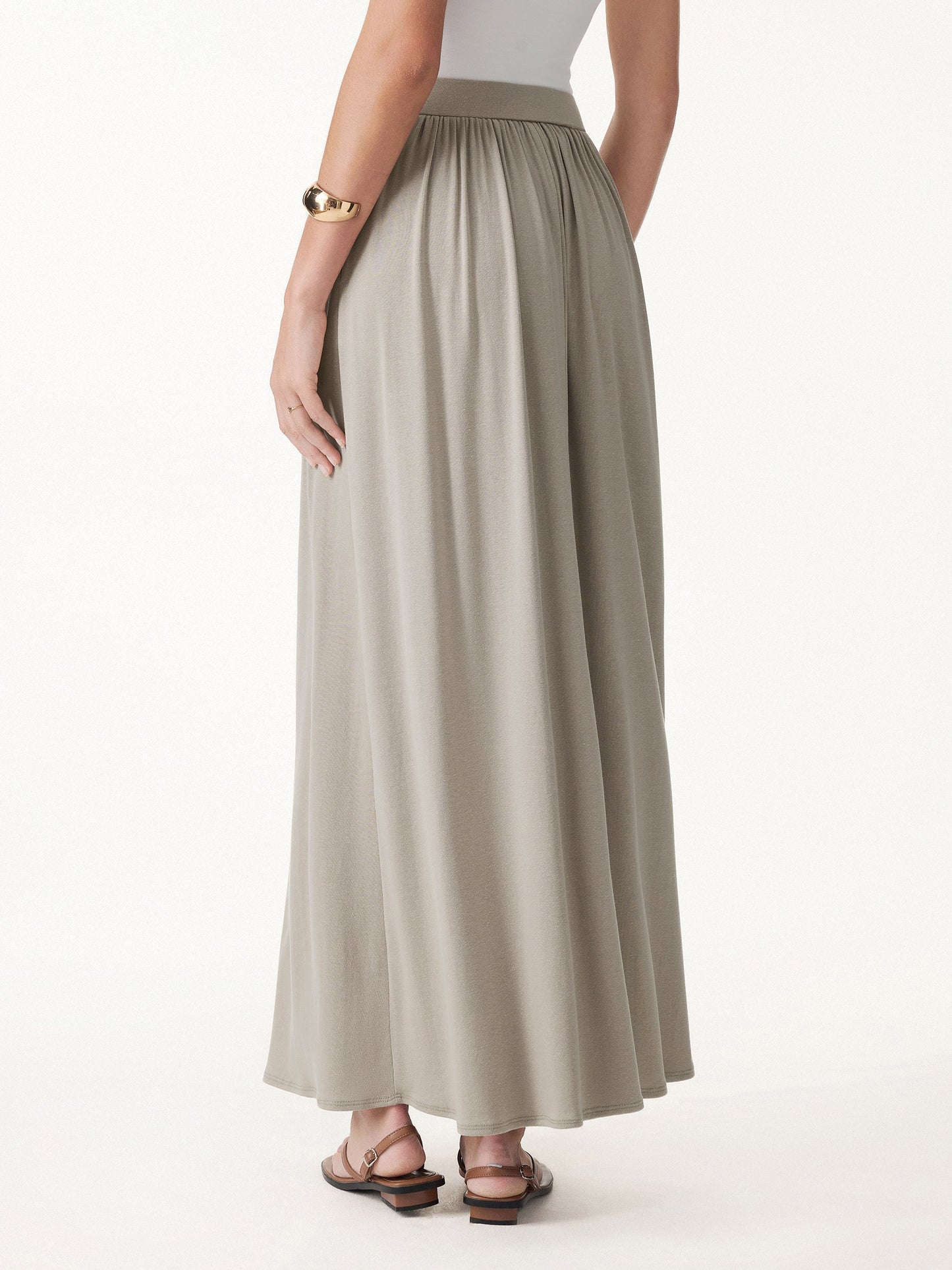 2Pcs Set Round Neck Top & A-Line Maxi Skirt with Pockets