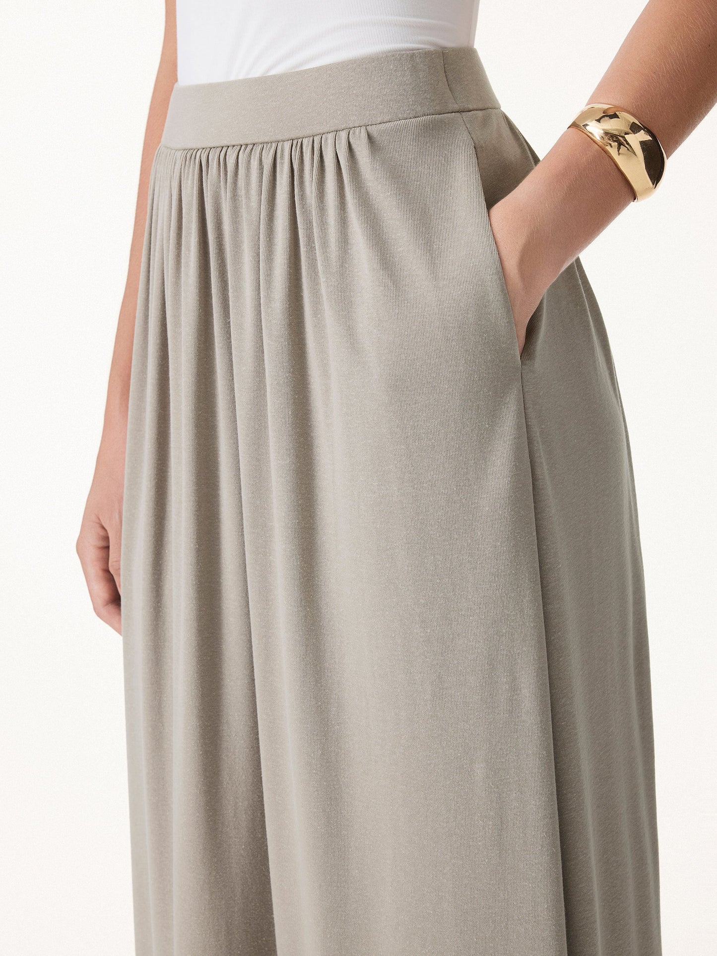 2Pcs Set Round Neck Top & A-Line Maxi Skirt with Pockets