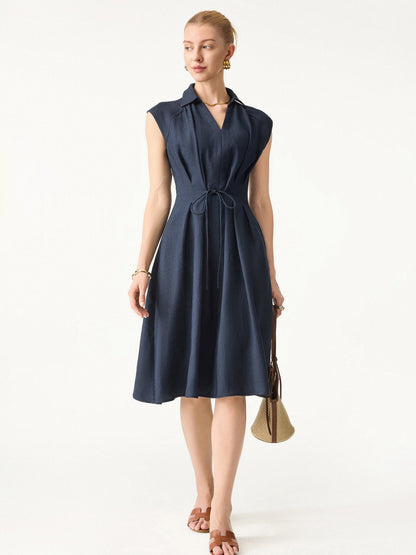Viscose-Linen Collared V-neck Midi Dress with Drawstring