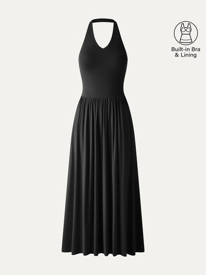 SkinKiss Halter Ruched Midi Bra Dress with Pockets