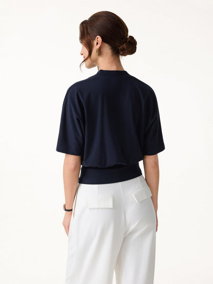 2Pcs Set Stand Collar V-Neck Top & Wrinkle-Resistant Tapered Pant