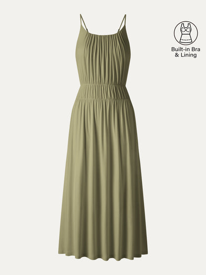 Vacay Gathered U-Neck Spaghetti Midi Bra Dress with Pockets