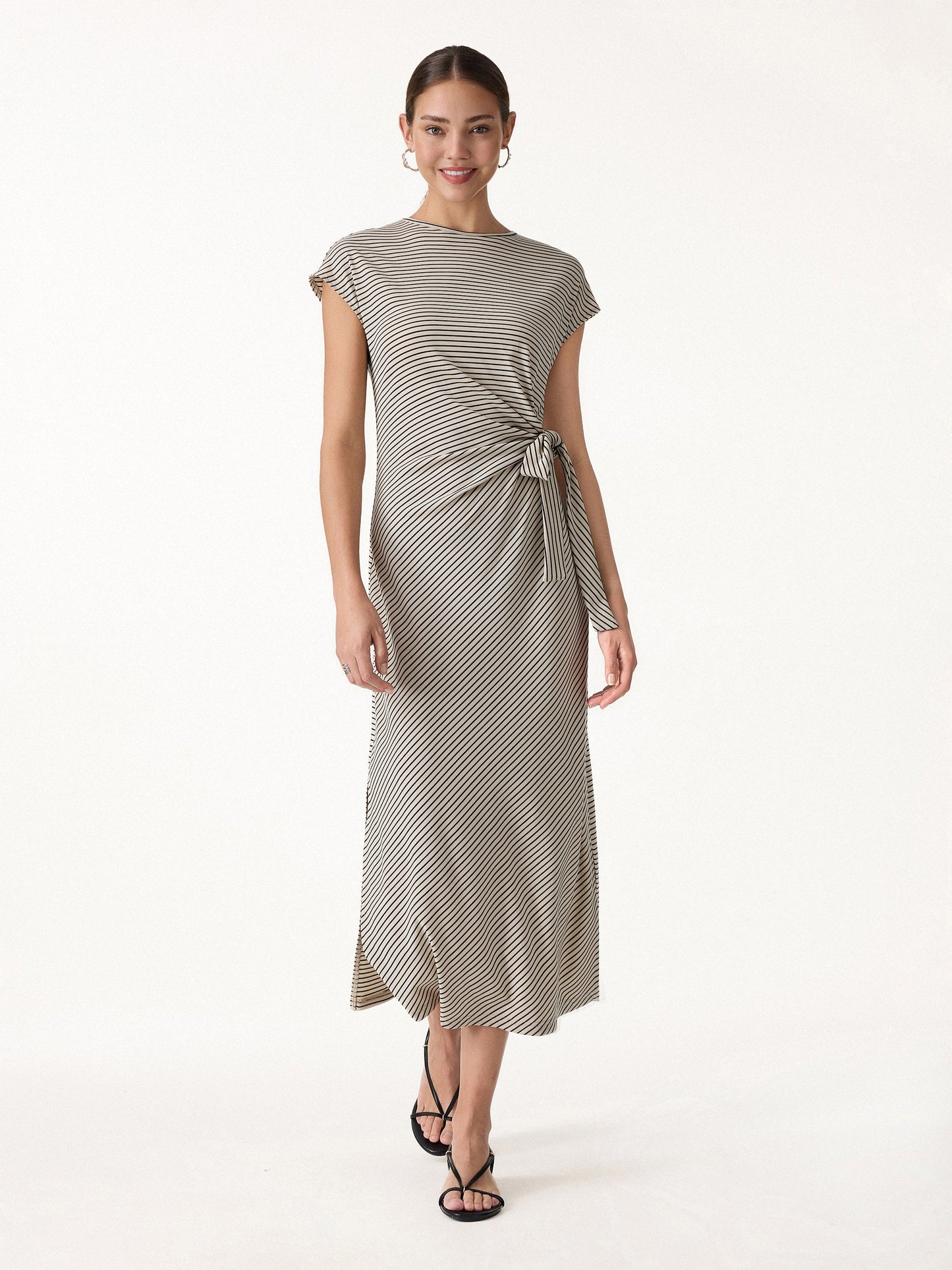 Striped Relaxed Midi Dress with Self-Tie