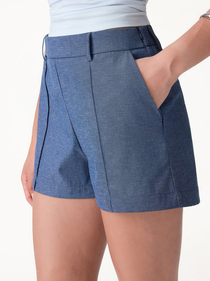 Linen-Like Mid Rise Pintuck Shorts with Pockets