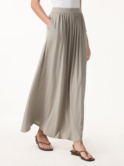 Soft Linen Knit Gathered A-Line Maxi Skirt with Pockets
