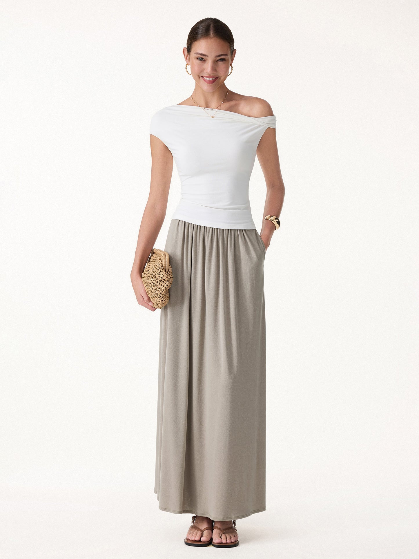 2Pcs Set Round Neck Top & A-Line Maxi Skirt with Pockets
