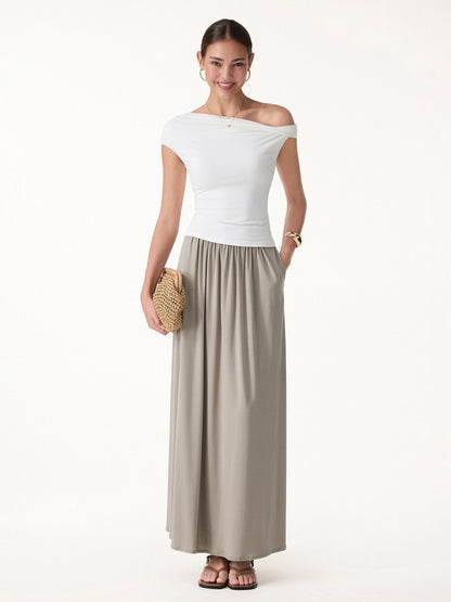 2Pcs Set Round Neck Top & A-Line Maxi Skirt with Pockets