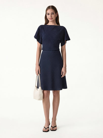 2Pcs Set Boatneck Flutter Sleeves Polka Dot Top & A-Line Flare Skirt Limited Edition