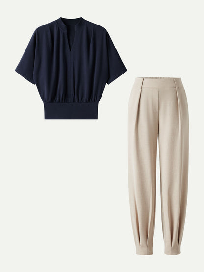 2Pcs Set Stand Collar V-Neck Top & Wrinkle-Resistant Tapered Pant