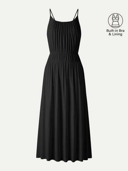 Vacay Gathered U-Neck Spaghetti Midi Bra Dress with Pockets
