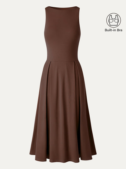 Boatneck Pleated Fit-and-Flare Midi Bra Dress with Pockets