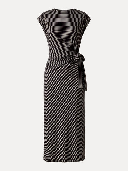 Striped Relaxed Midi Dress with Self-Tie