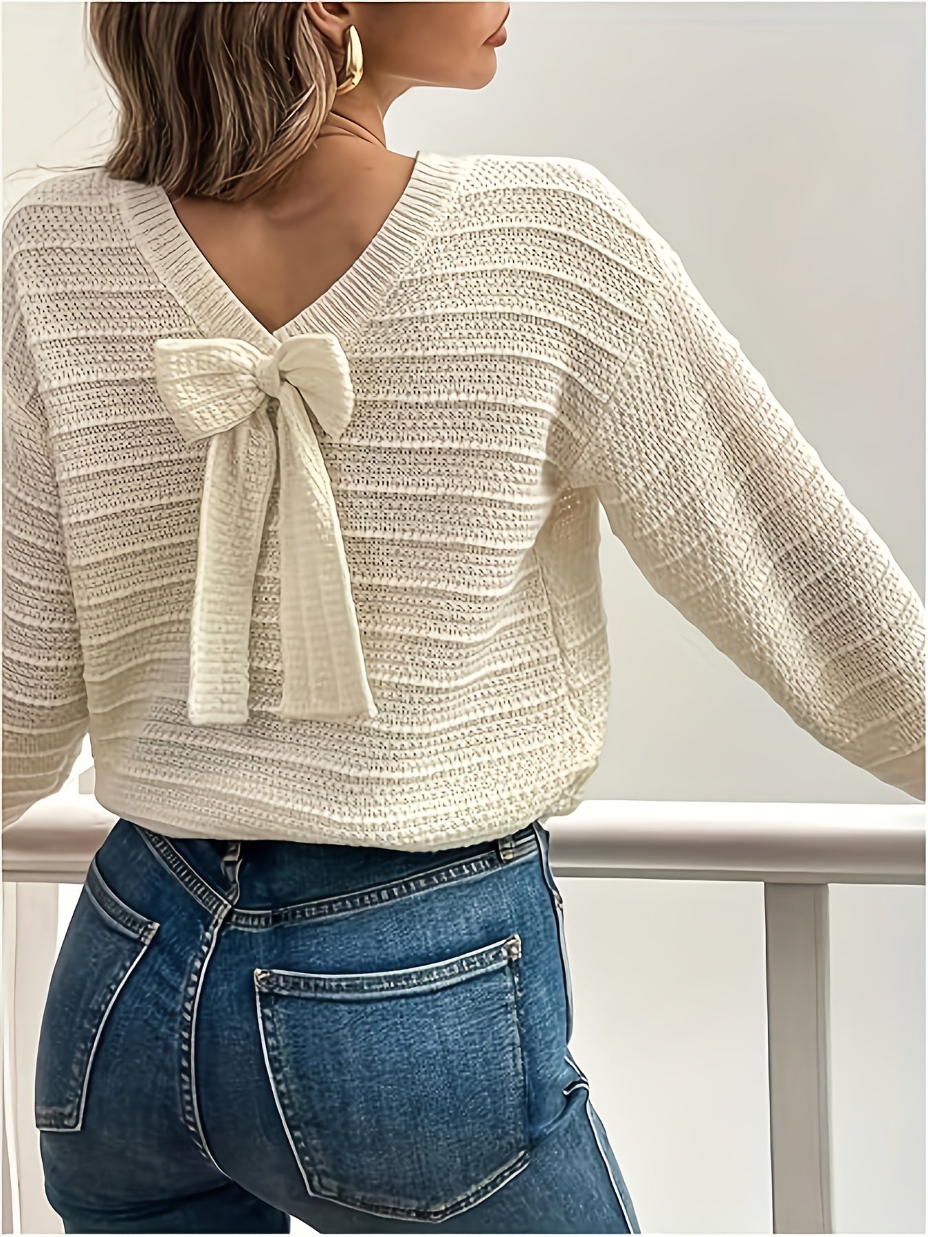 Roselle | Women's V Neck Bow Detail Knit Sweater - Image 2