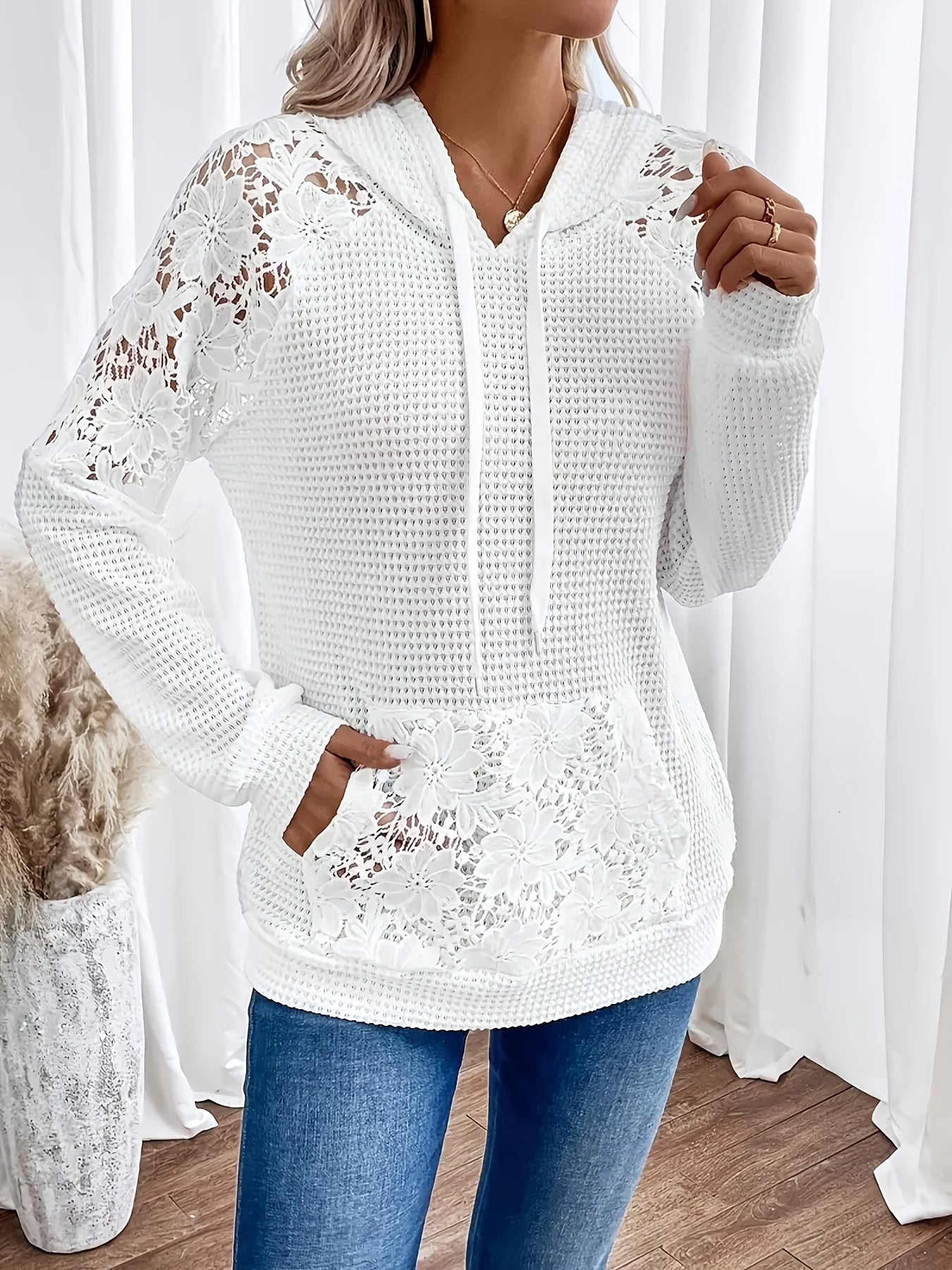 Selvara | Women's Floral Panel Hooded Waffle Top