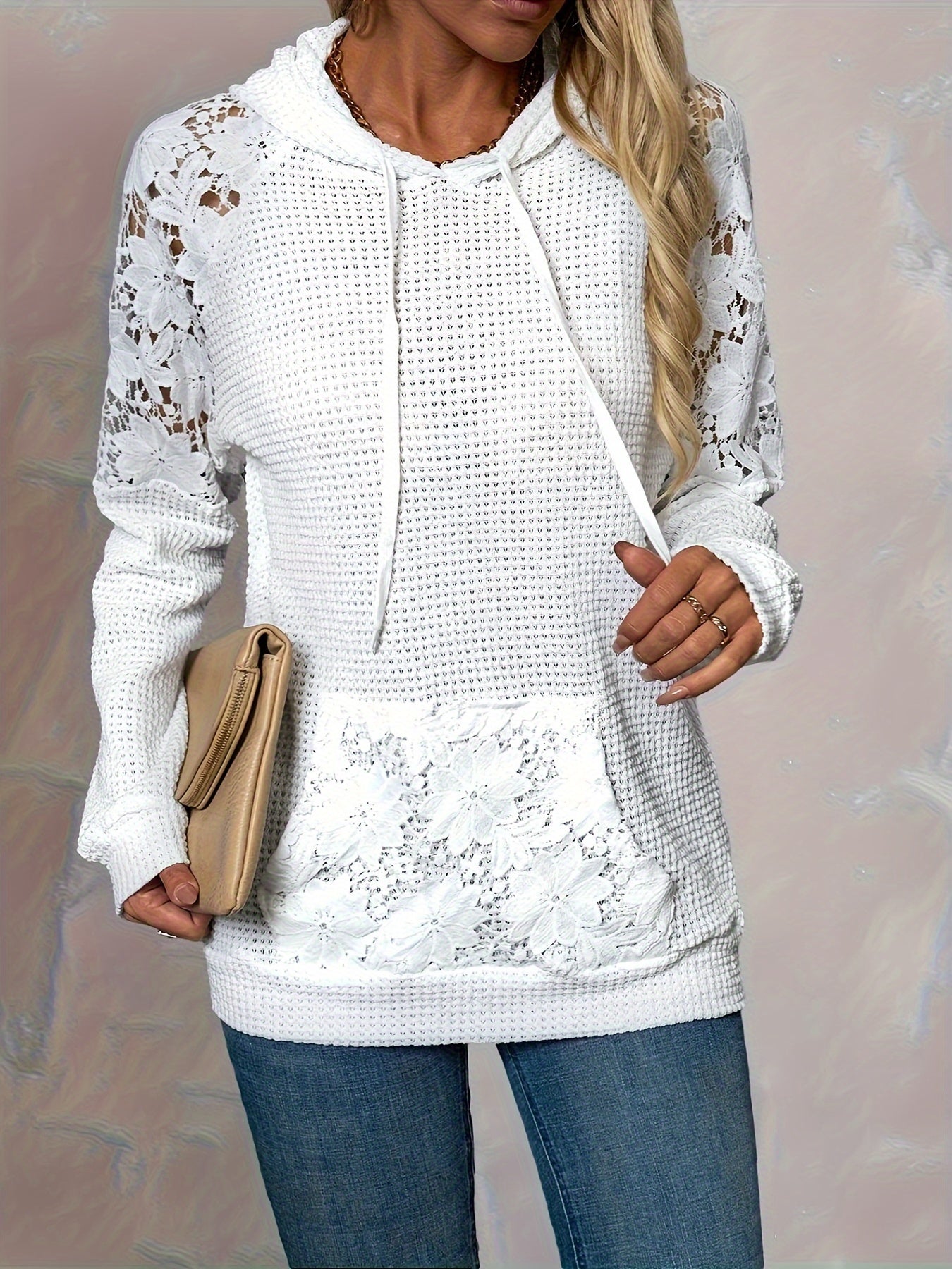 Selvara | Women's Floral Panel Hooded Waffle Top - Image 4