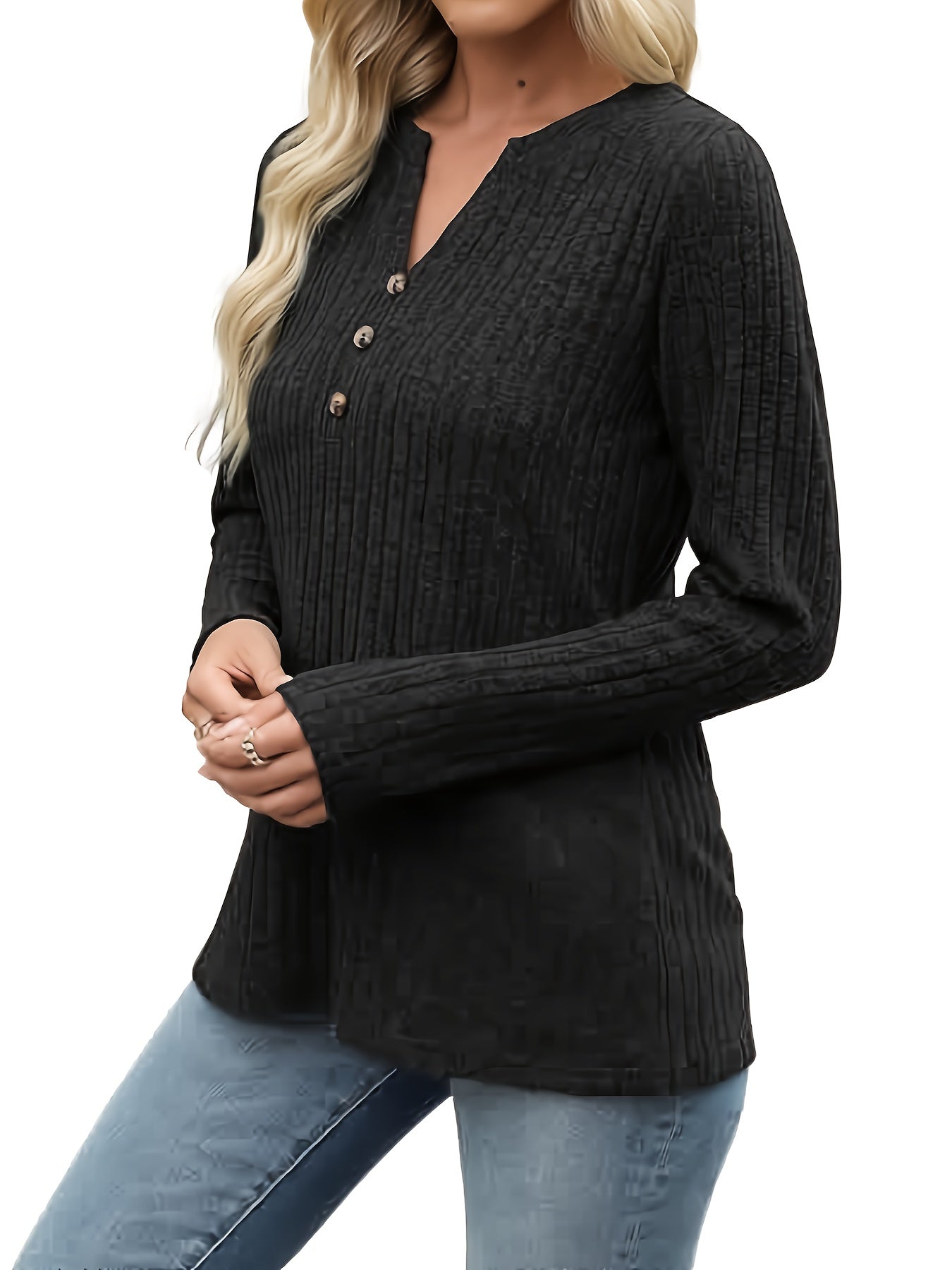 Virelle | Women's Ribbed Button Neck Long Sleeve Top - Image 9