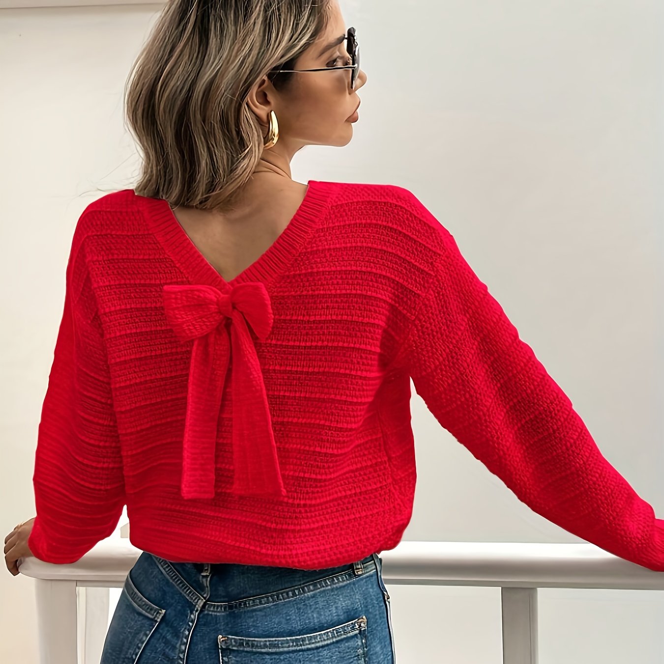 Roselle | Women's V Neck Bow Detail Knit Sweater - Image 16