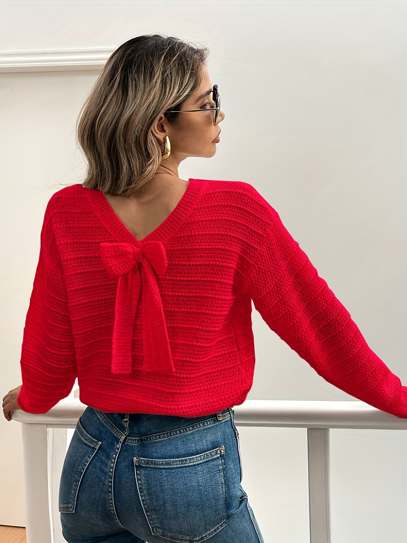 Roselle | Women's V Neck Bow Detail Knit Sweater - Image 11