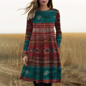Elsenne | Women's Geometric Stripe A Line Midi Dress