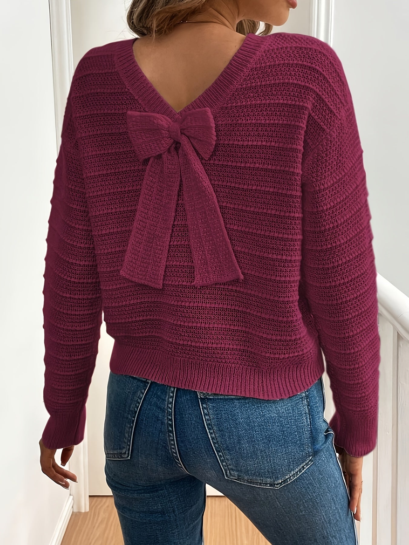 Roselle | Women's V Neck Bow Detail Knit Sweater - Image 9