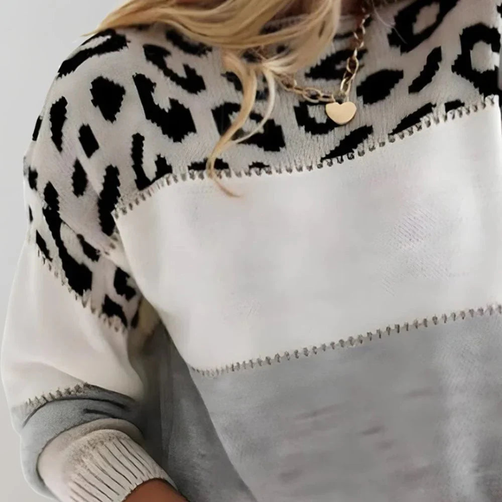 Virelia | Women's Colorblock Leopard Print Crew Neck Sweater - Image 2