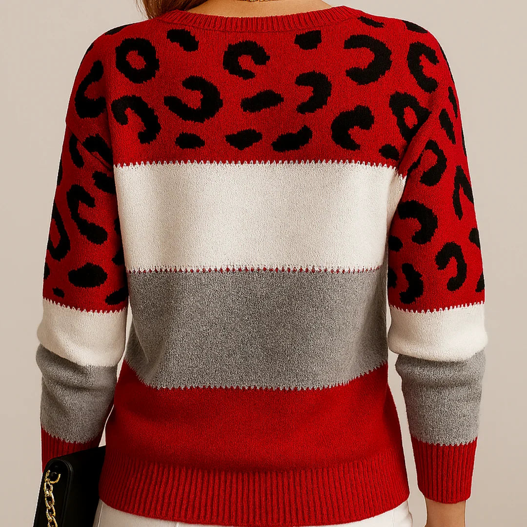 Virelia | Women's Colorblock Leopard Print Crew Neck Sweater - Image 6