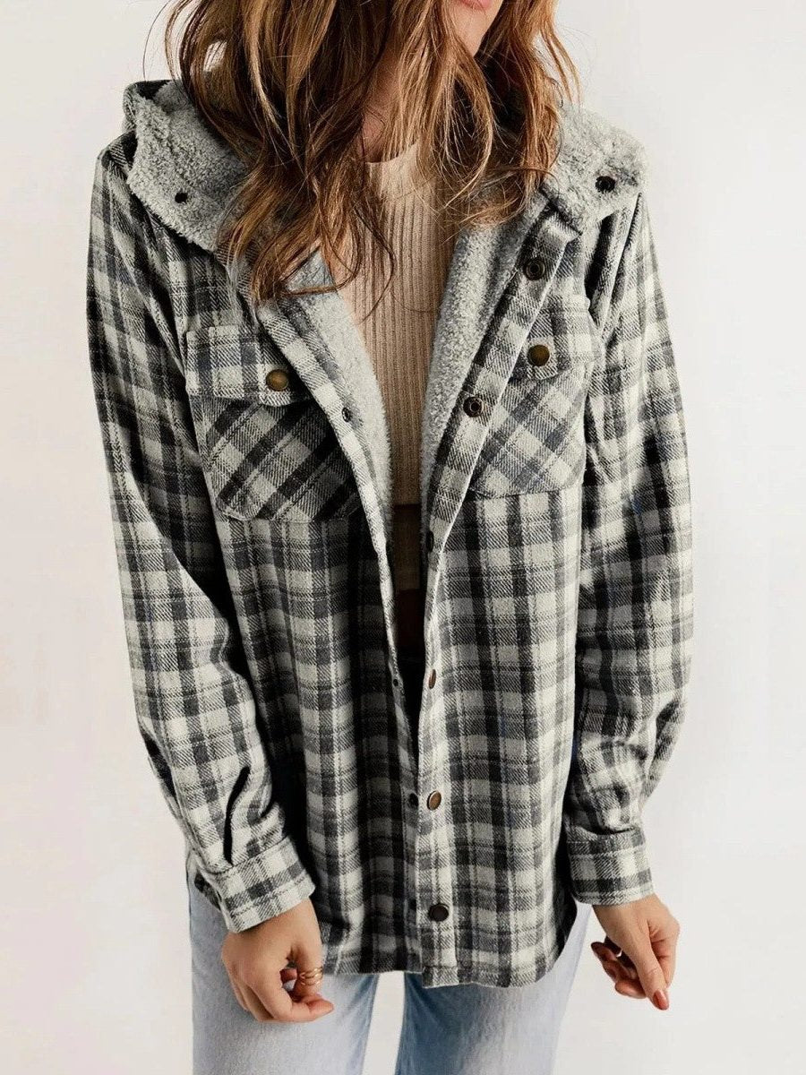 Virelle | Women's Oversized Plaid Hooded Shirt Jacket - Image 2