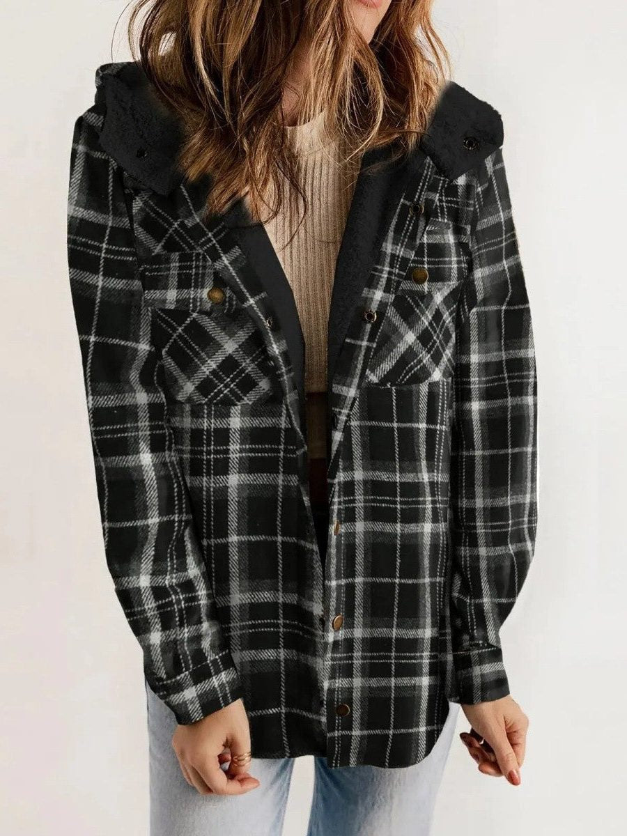 Virelle | Women's Oversized Plaid Hooded Shirt Jacket - Image 3
