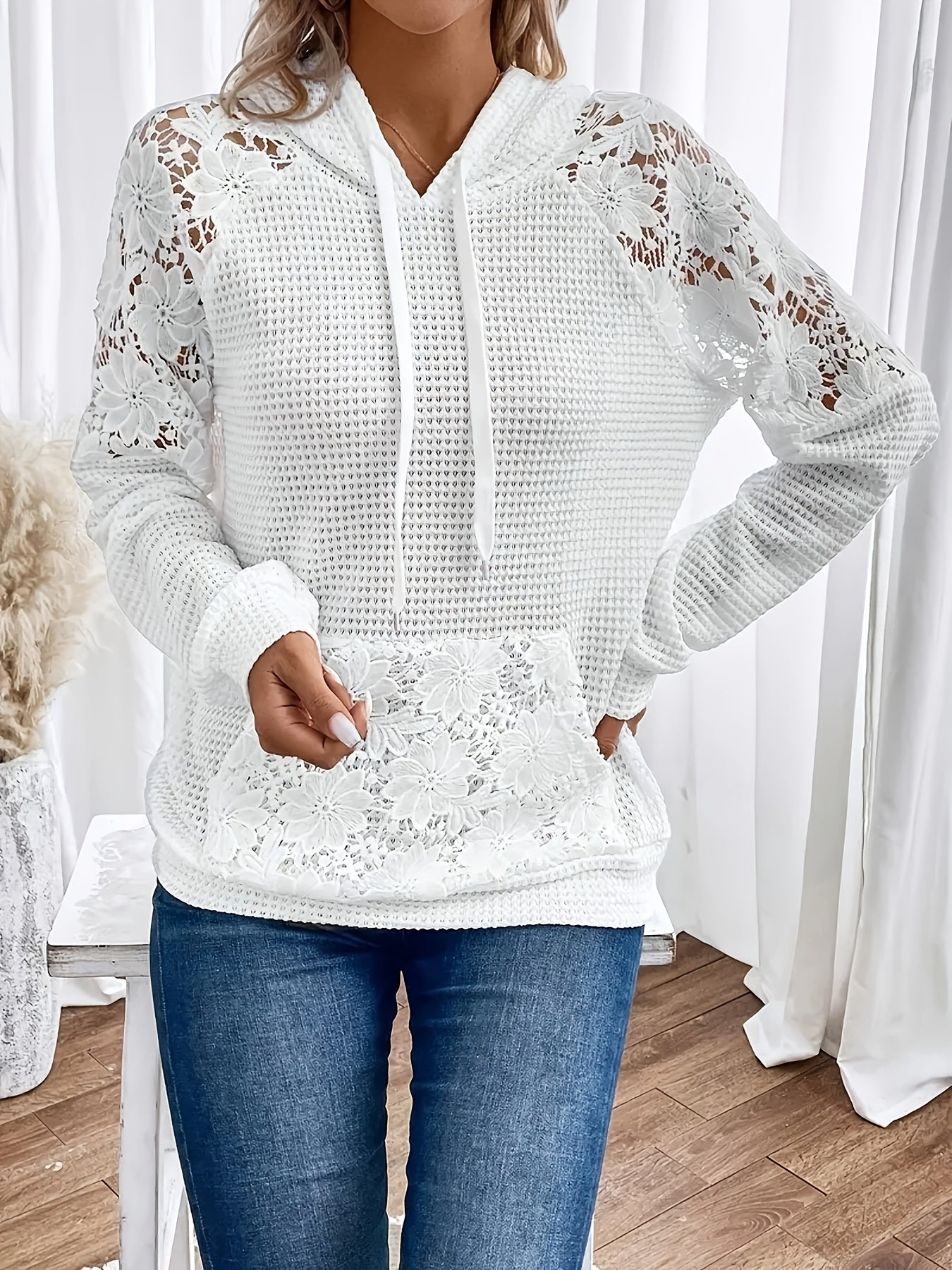 Selvara | Women's Floral Panel Hooded Waffle Top - Image 5