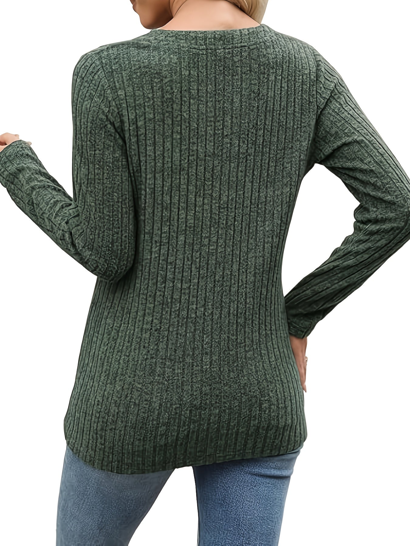 Virelle | Women's Ribbed Button Neck Long Sleeve Top - Image 3