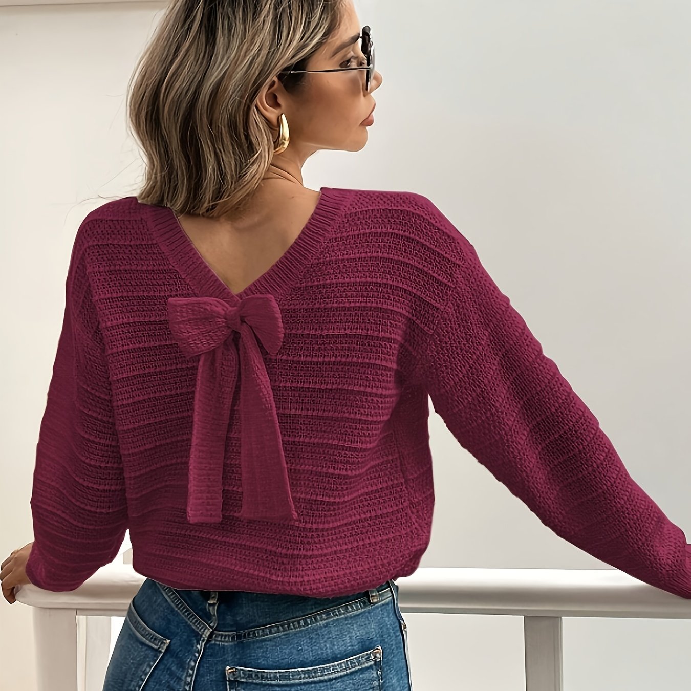 Roselle | Women's V Neck Bow Detail Knit Sweater - Image 7