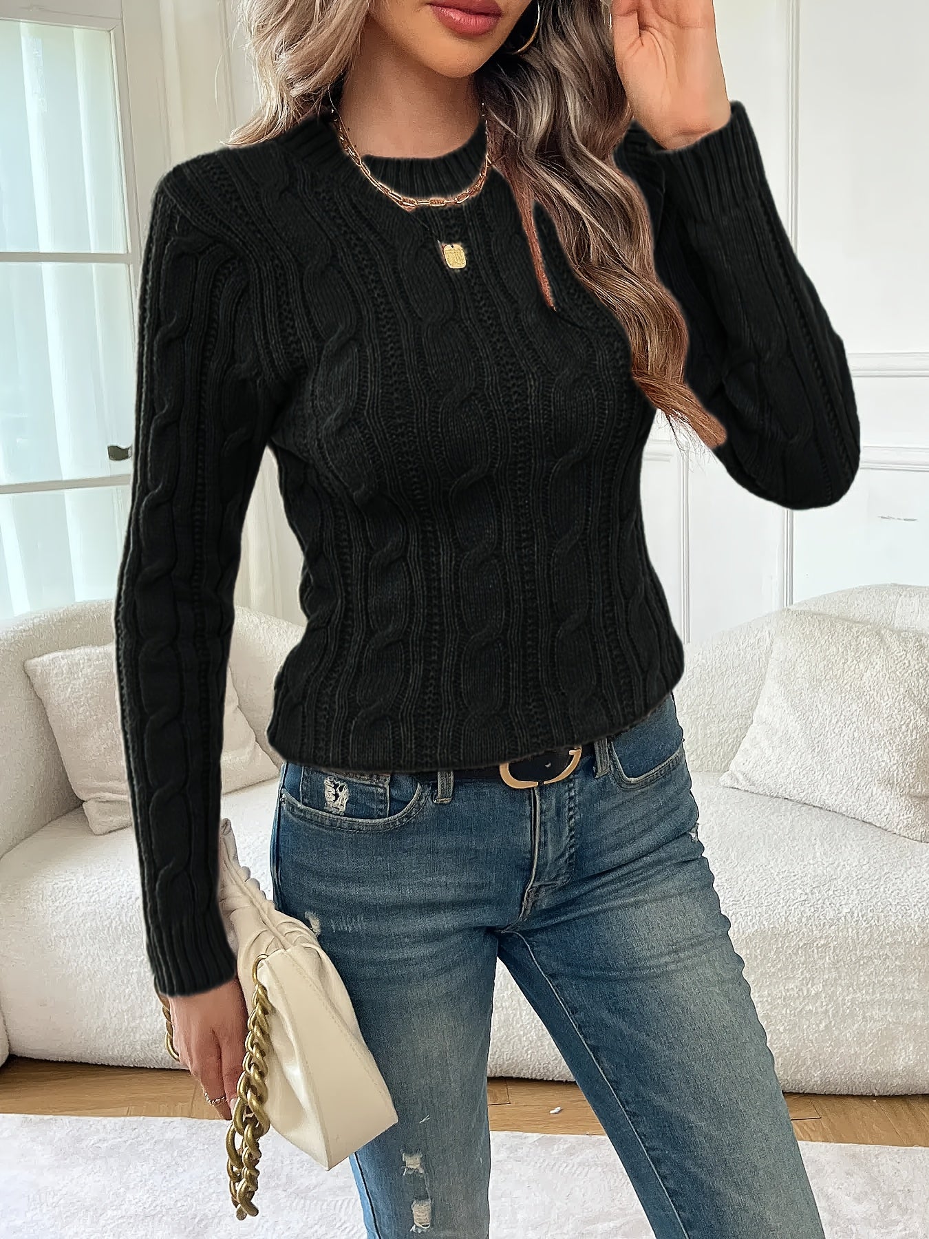 Valessa | Women's Cable Knit Twist Long Sleeve Sweater - Image 6