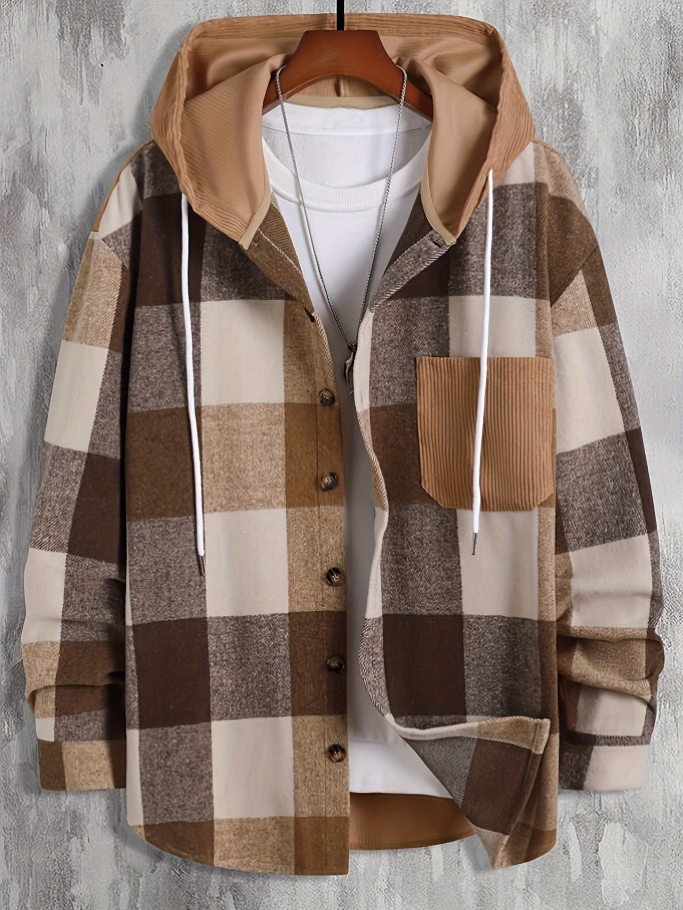 Verdan | Men's Checked Hooded Button Front Overshirt Jacket - Image 2