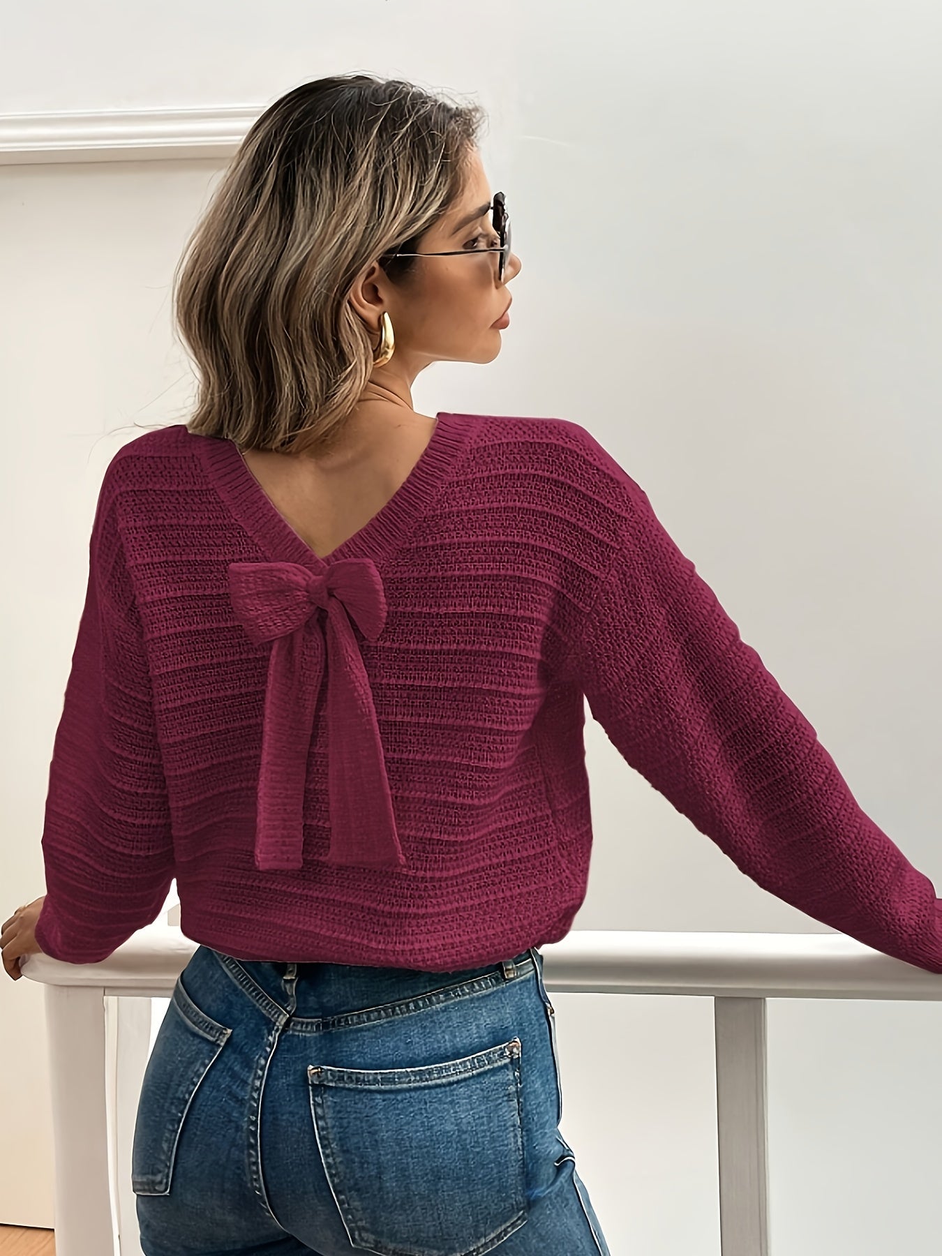 Roselle | Women's V Neck Bow Detail Knit Sweater - Image 8