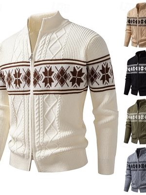 Men's Fair Isle Patterned Stand Collar Zip Cardigan